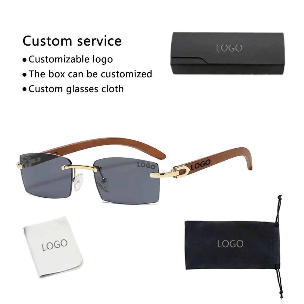 2024 New Stylish Custom Logo Designer Luxury Mens Shades Small Frame Rectangle Rimless Sunglasses Wooden Sunglasses Men