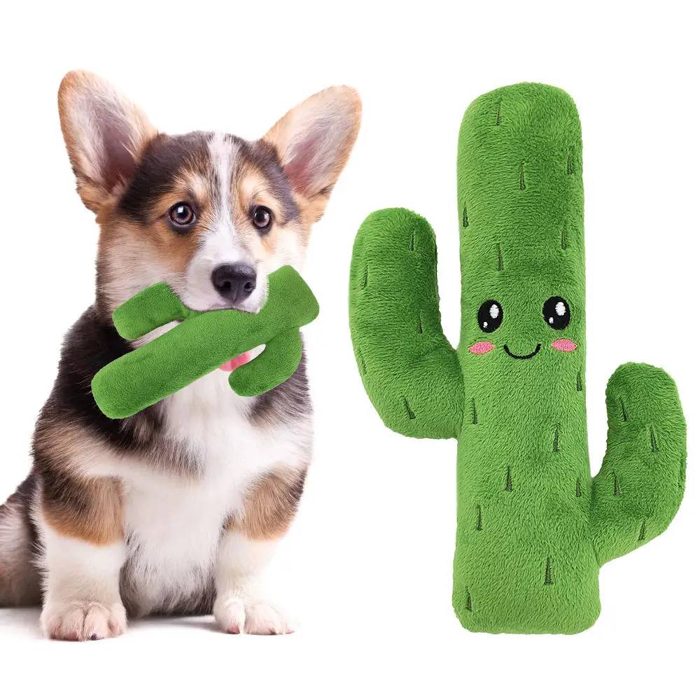 Wholesale High Quality Interactive Stuffed Cactus Shape Dog Squeaky Pet Toy  Cartoon Green Cactus Plant Plush Chew Dog Toy