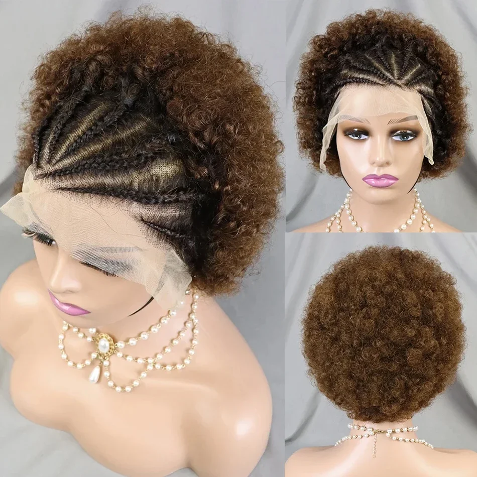 220 Density Afro Kinky Curly 13x4 Lace Front Braided Human Hair Wigs Short Curly Wig Women Explosive Head Baby Hair_voghion.com