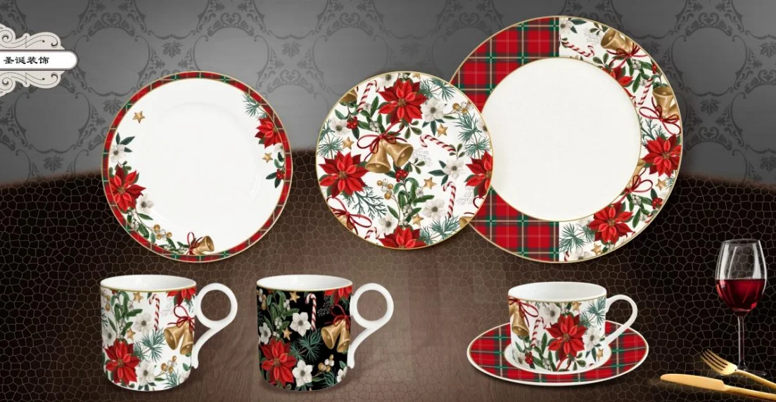 Taohui Ceramic Porcelain Customizable Christmas Vibe Dinner Set Dishes Bowls and Tea Cups for Home manufacture