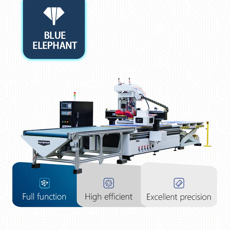 Blue Elephant up and Down Loading Cnc Nest Machine with Syntec 6mb, Automatic Push Wooden Furniture Making Machine with 12 Tool