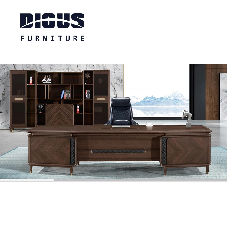 Dious modern leather wood office furniture working round executive curved desk chair set