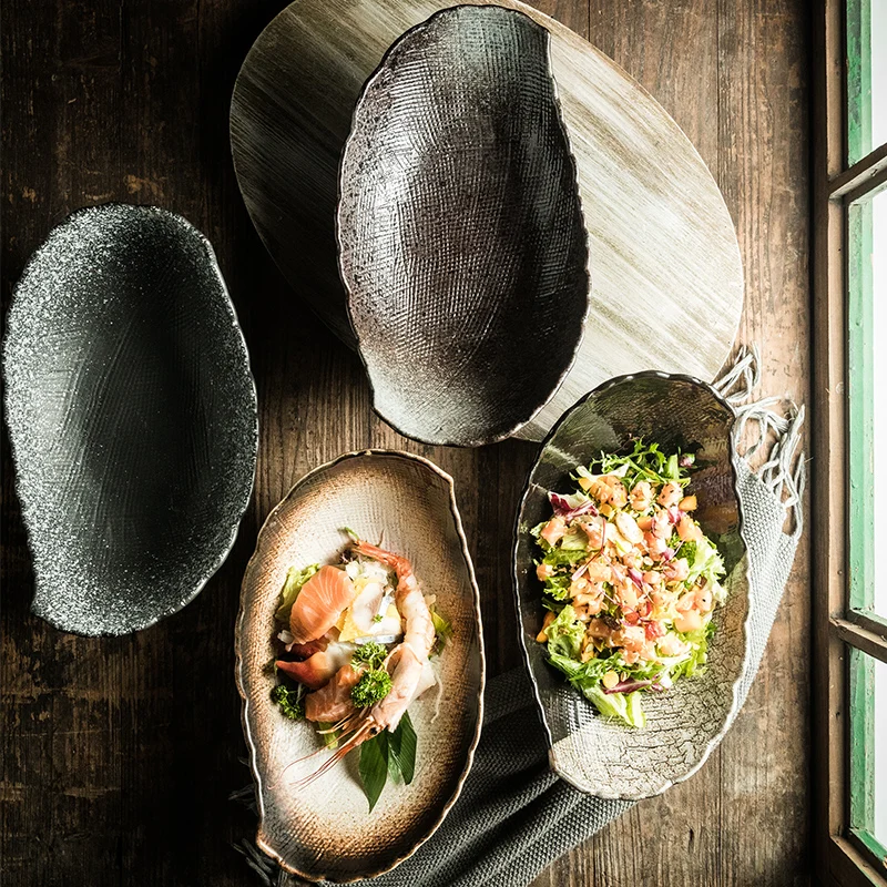 Retro Japandi Style Double-Pointed Curved Large Salad Bowl Creative Ceramic Tableware Set Sustainable Pottery Bowls for Parties