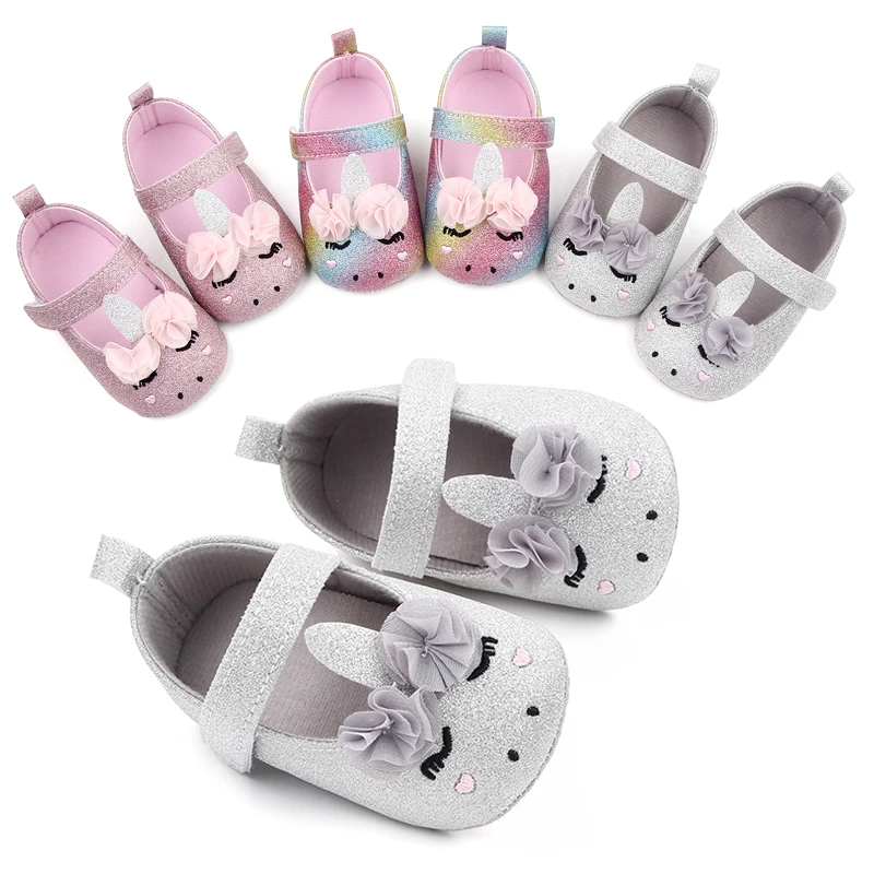 Glitter Cute unicorn Baby Girls Soft Sole Shallow Mouth Cartoon Flower Princess Toddler Shoes supplier