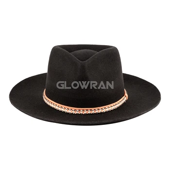 GlowRan Simple Rope Trim Autumnal Short Brim Wool Fedora Brown Men Dress Hats