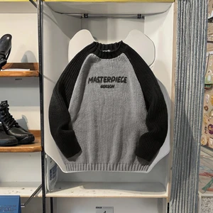 OEM & ODM Autumn Winter Men's Solid Raglan Sleeve Sweater Contrast Color Stitching Design Thick Needle