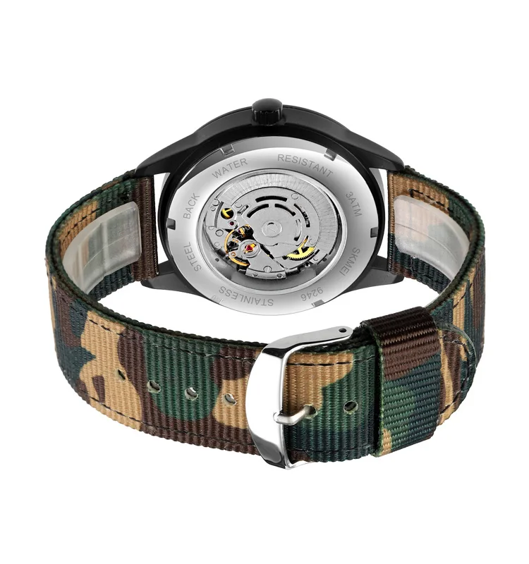 SKMEI 9246 Men's Automatic Mechanical Hollow Dial Luminous Nylon Strap Date  Display Watch - Camouflage Green - The Watch Lounge
