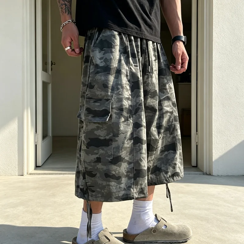 Wholesale Camo Cargo Shorts Men Baggy Wide Leg Drawstring Multi Pocket Knee Length Y2K Streetwear Casual Men Cargo Shorts