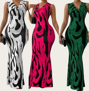 2025 Spring Summer Sleeveless Ladies Elegant Stripe Women's Wear Pullover V-neck One Step Long Maxi Dress