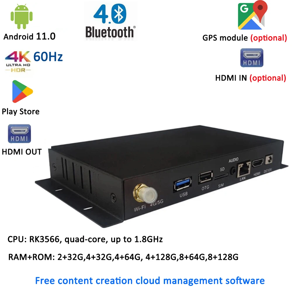 RK3399 RK3566 RK3568 RK3588 Android 4K HD-MI OUT GPS Module Smart TV Box With Wide Area Network CMS Digital Signage Media Player