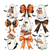 New Halloween T-Shirt Design with Cheer Bow Ghost Pumpkin Iron-On for DTF Print Heat Transfers Discount Price Waterproof