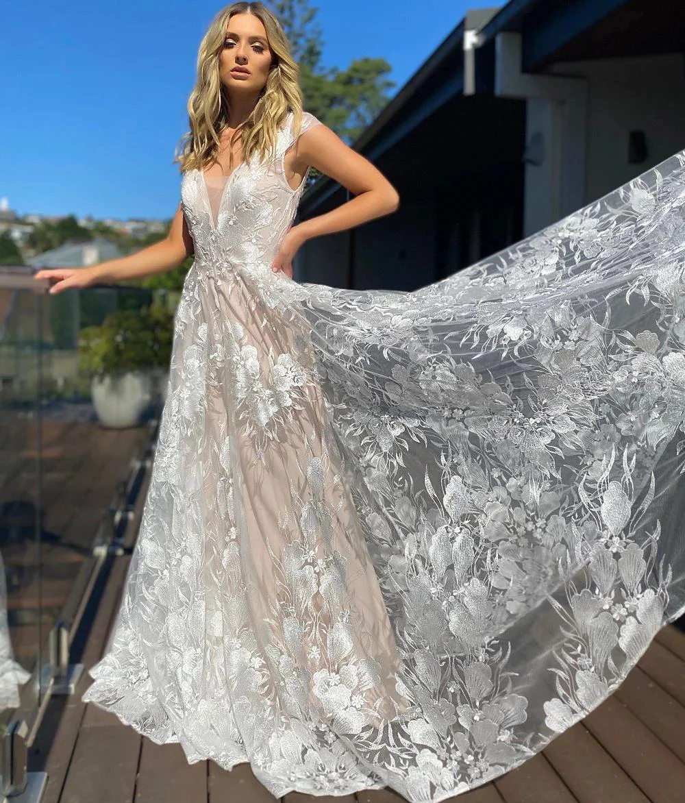 Новинка 2021, кружевное глубокое свадебное банкетное платье с вышивкой, популярное платье с V-образным вырезом