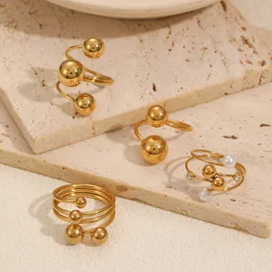 Ilona Adjustable Stainless Steel Jewelry Rings Minimalist Vintage Style Trendy Gold Plated Chunky Ball Rings for Women