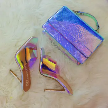 Customized New Design Laser Handbags With High Heels Women Fashion Snake Grain Match Heel Shoes Sets
