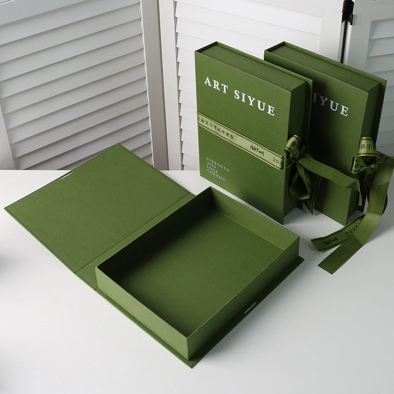 luxury designs custom logo book green paper cardboard gift box packaging with ribbon factory