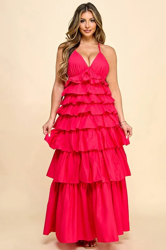 Elegant Ladylike Solid Red Dress V-neck Tiered Ruffles Sweet Style Casual Maxi Length High Waist Women Wear Spring Summer Galas - Image 2