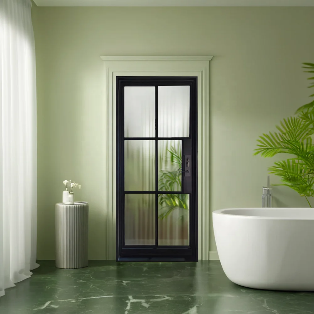 Modern Luxury Wrought Iron French Style Bathroom Door Steel Glass Door