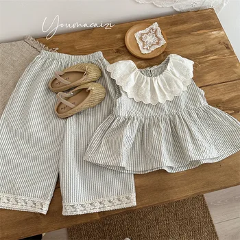 2025 Summer New Fashion Casual 2-Piece Kids Clothing Set Girls Baby Sleeveless Tops with Lace Collar Vertical Striped Baby Suit