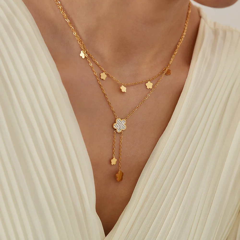 Elegant Gold-Plated Zirconia Tassel Flower Necklace