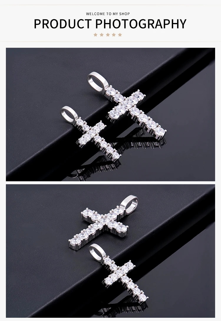 Wholesale jewelry 925 sterling silver holy shining vvs mossanite moissanite diamond crosses chain necklace pendant for men women