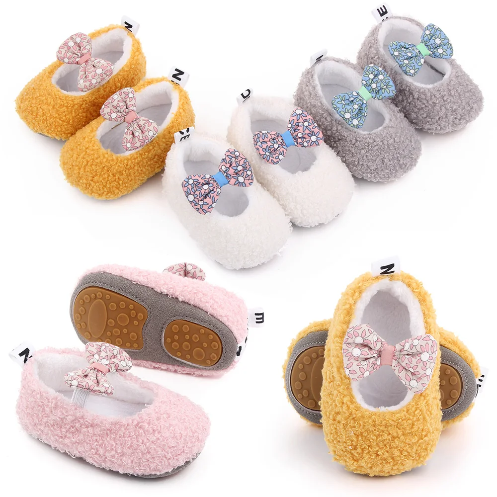 Autumn and Winter 0-1 Year Old Baby Solid Color Fluffy Cute Bow Warm Soft Soled Cotton Shoes details