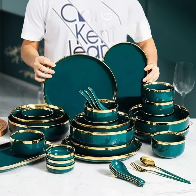 Ceramic Dinner Plates Dinnerware Set Dishes Luxury Green Food Salad Soup  Bowl Plate and Bowls Set for Restaurant Hotel