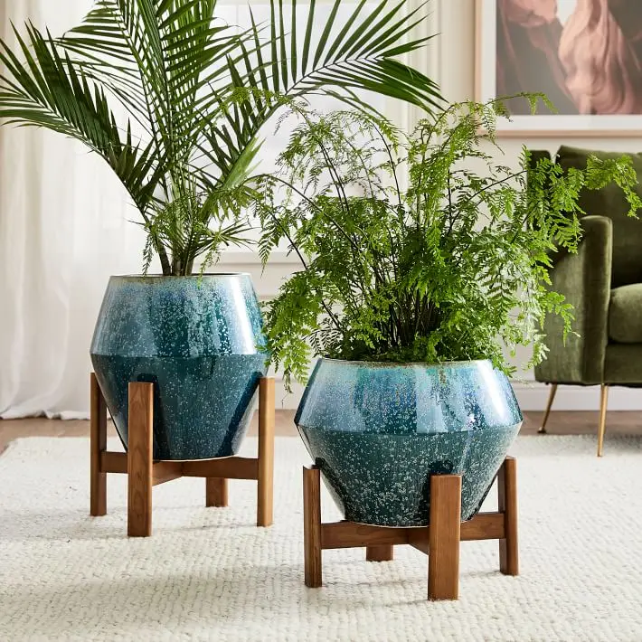 Matte Black Ceramic Flower Pot & Large White Planter Pot Set with Mid  Century Plant Stand for Indoor Use