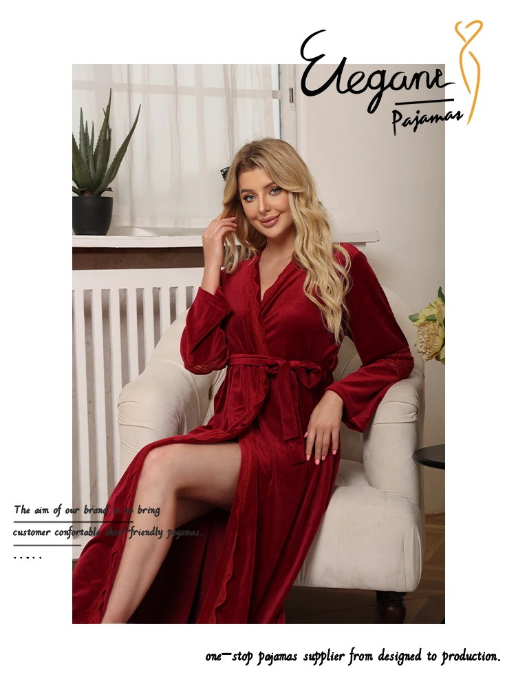 Ashely Elegant Winter Woman Fleece Unisex Burgundy Velvet Custom Robe