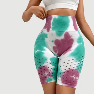 Customized Seamless Color Blocking  Woman's Yoga Shorts Hollow Out Tummy Control High Waist High Stretch  Workout Gym Wear