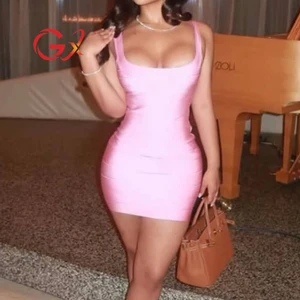 GX7597 Fashion Ladies Street Wear Summer Sexy Sleeveless Square Neck Mini Dress Tight Trendy Sexy Nigh Club Knitted Dresses