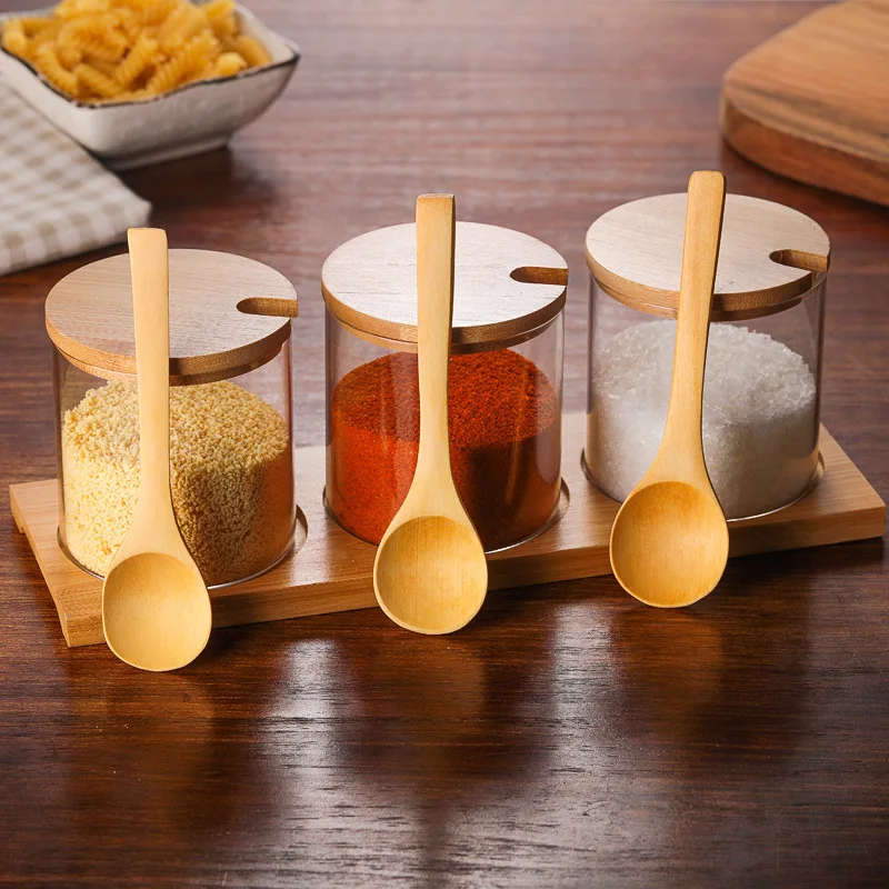 Set of 3 Glass Condiment Spice Jars With Bamboo Lids, Spoons and