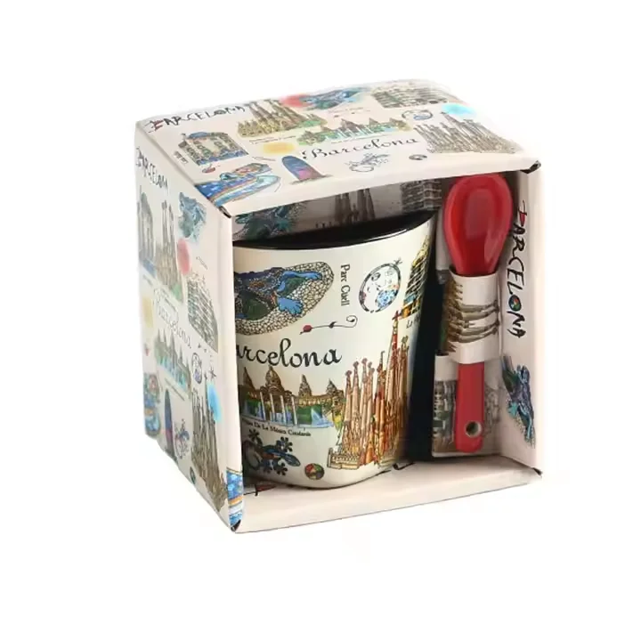 Custom Wholesale Barcelona Classic Design Ceramic Mug With Spoon Bohemian Style for Water Milk Coffee for Tourist Souvenir Gift