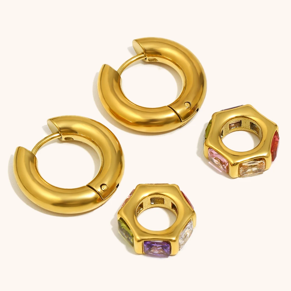  Zircon Hexagon Gold Plated Stainless Steel Huggies Earring  supplier