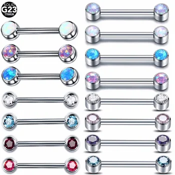 G23 Titanium CZ Bezel Nipple Tongue Ring 14G Cubic Zirconia Internally Thread Opal Barbell Piercings Sexy Women Jewelry