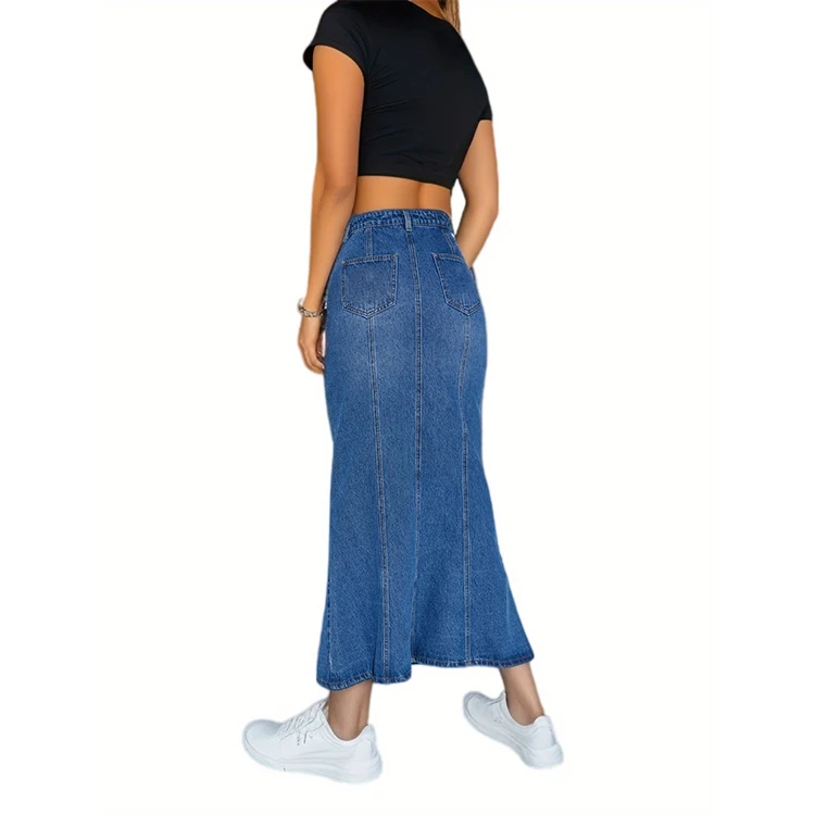 Modern Denim Casual Pockets Women Long Jeans Skirt Sexy Women Long Jean Skirts
