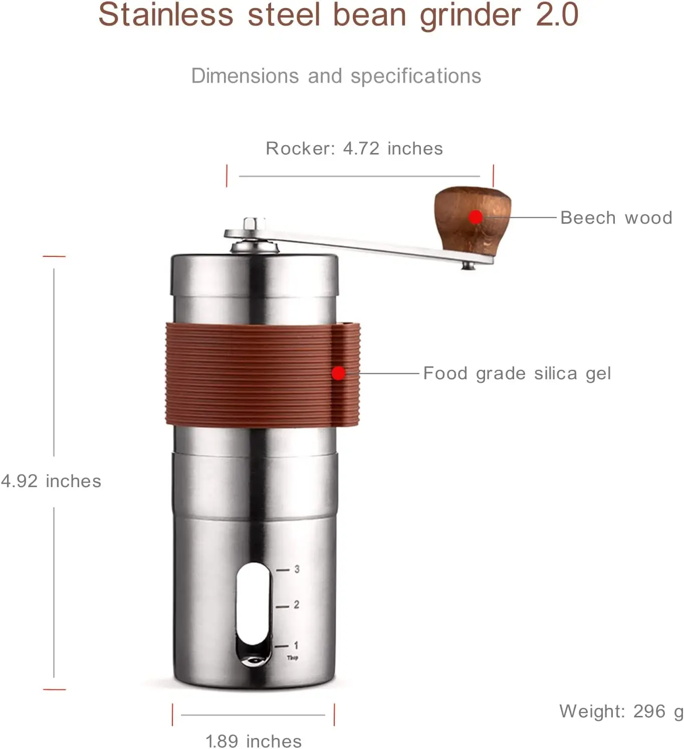 Moedor de café manual em aço inoxidável 304 com alça manual, caixa transparente com balança para café