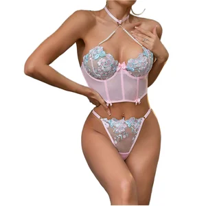 Sexy Mature Tube Lingerie Transparent Mesh Lace Floral Embroidered Bodysuit Firm Control G-string Underwear Set