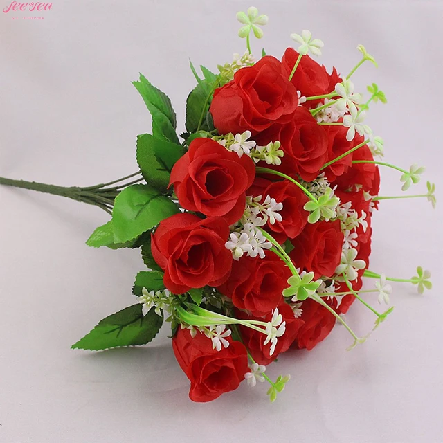 Wholesale Real Touch Romantic Red Rose Bouquet Artificial Flowers Wedding Bridesmaid Bouquet Room Vase Decoration.
