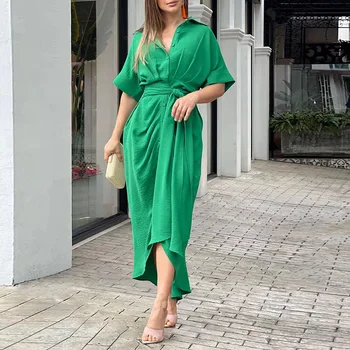 European American women's fashion new 2024 lapel mid-length short-sleeved single-breasted high-waisted shirt dress ladies