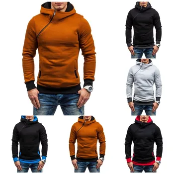 New Casual Solid Mens Hoodies Diagonal Zipper Long Sleeve Hoodie Sweatshirts Men Hoody Pullover Sweatshirt Hooded Sweat Homme