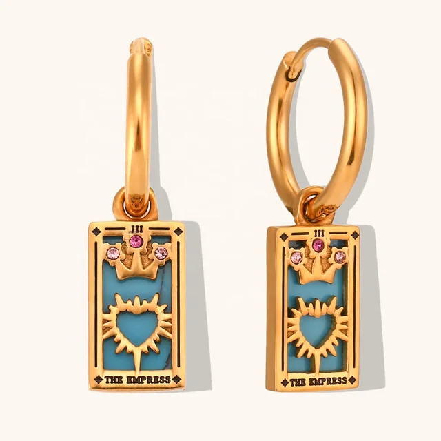 Ding Ran New Fashion Colorful Enamel Zircon Tarot Card Earrings 18K Gold Plated Stainless Steel Jewelry