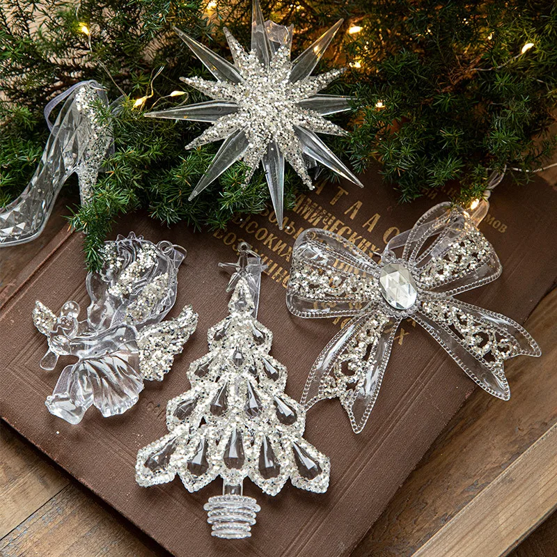 24 Décorations De Noël Glaçons Acrylique Transparents - Avec Cordes Argentées - Réutilisables Pour Sapin, Maison, Fêtes D'hiver