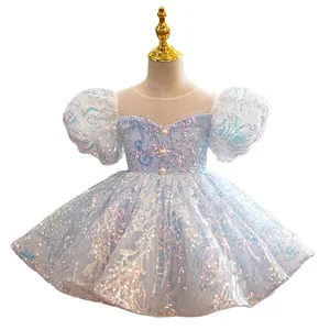 New Fashion Blue Elegant Evening Dress Puff Sleeve Presenter Flower Princess Kids Dresses for Girls