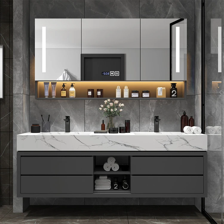 European Style Modern Floating Bath Top Double Sink Bathroom Sets Vanity Cabinet with Sink