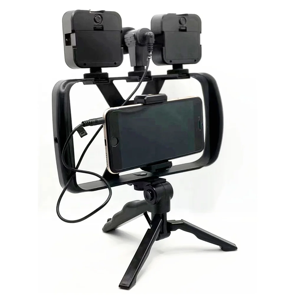 New LED Microphone Smartphone Video Rig Kit Handheld Mobile Stabilizers  Links Phone Holder Frame Mount for Phone Film Taking