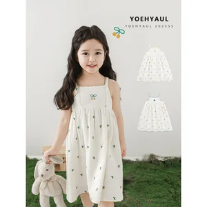 YOEHYAUL LX0277 Cherries love Heart Embroidered Cotton Baby Girl Summer Dress for Kids Spaghetti Strap Toddler Dresses Girls