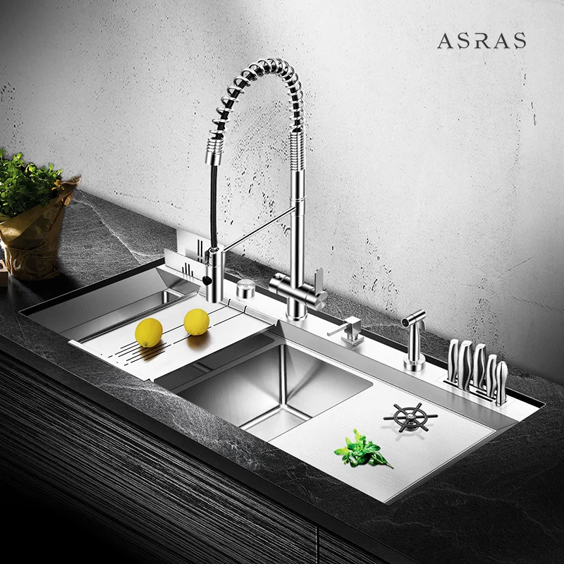 Asras Sus304 Luxury Handmade Kitchen Sink With Defrosting Board Drainer