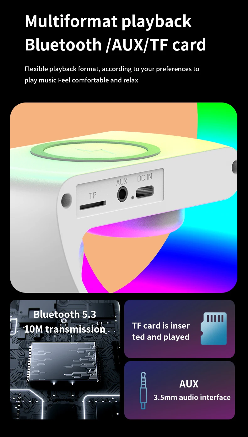 Bluetooth Speaker Atmosphere Table Lamp with Wireless Charger RGB Alarm Clock Ambient LED Night Light