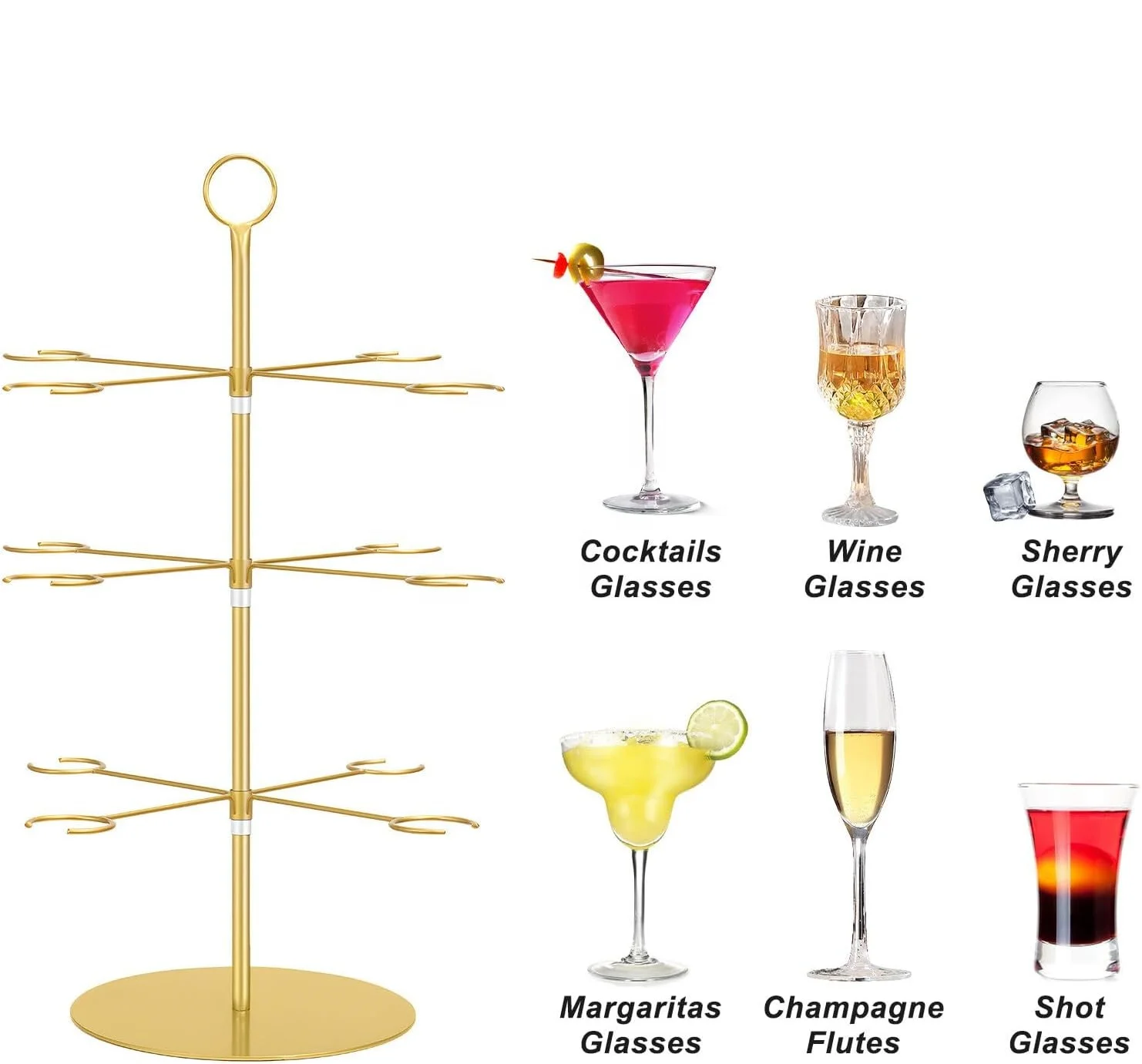 3-Tier Metal Cocktail Tree Stand with 12 Brackets Wine Glass Flight Tasting Display Rack for Champagne Storage Holder