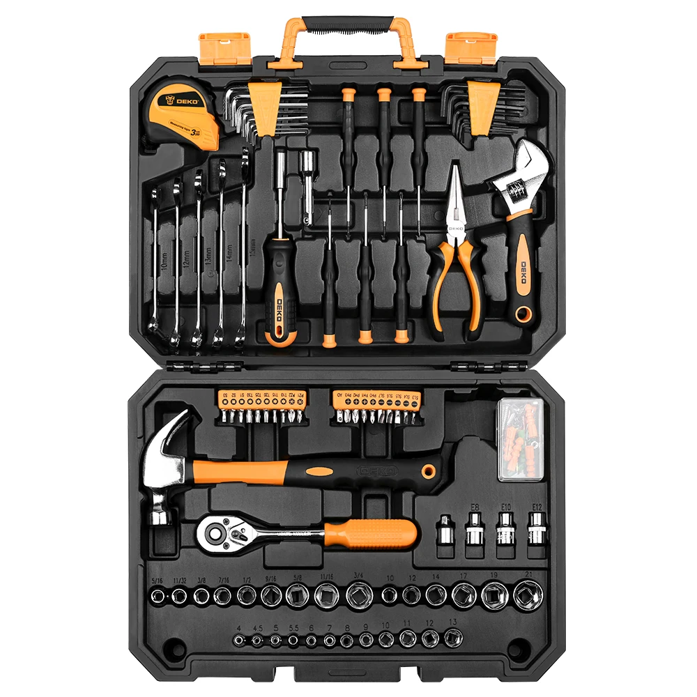 DKMT128 Hand Tool Set General Household Hand Tool Kit with Plastic Toolbox Storage Case Socket Wrench Screwdriver Knife